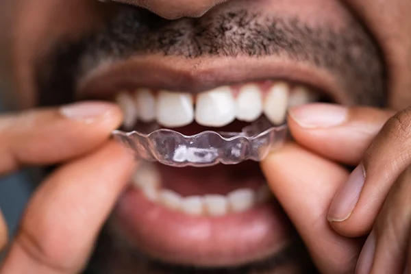 Close up of a bearded Black man putting clear aligners on his teeth